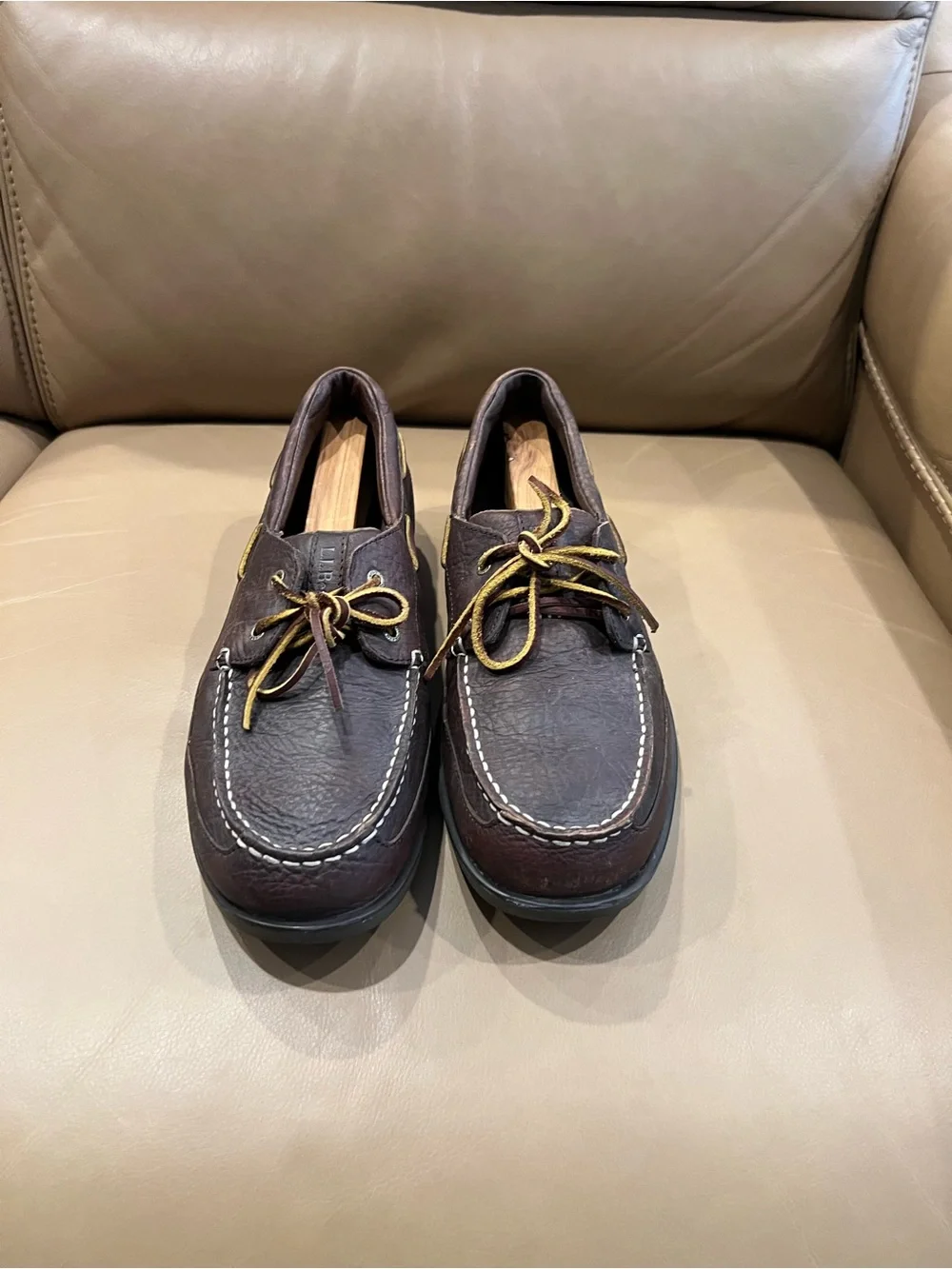L.L. Bean Men's Dark Brown Leather Boat Shoes with Yellow Trim